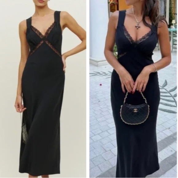 Reformation Dresses & Skirts - Reformation Provence Silk Midi Dress - Black Noir Lace Trim Soft Cocktail Party